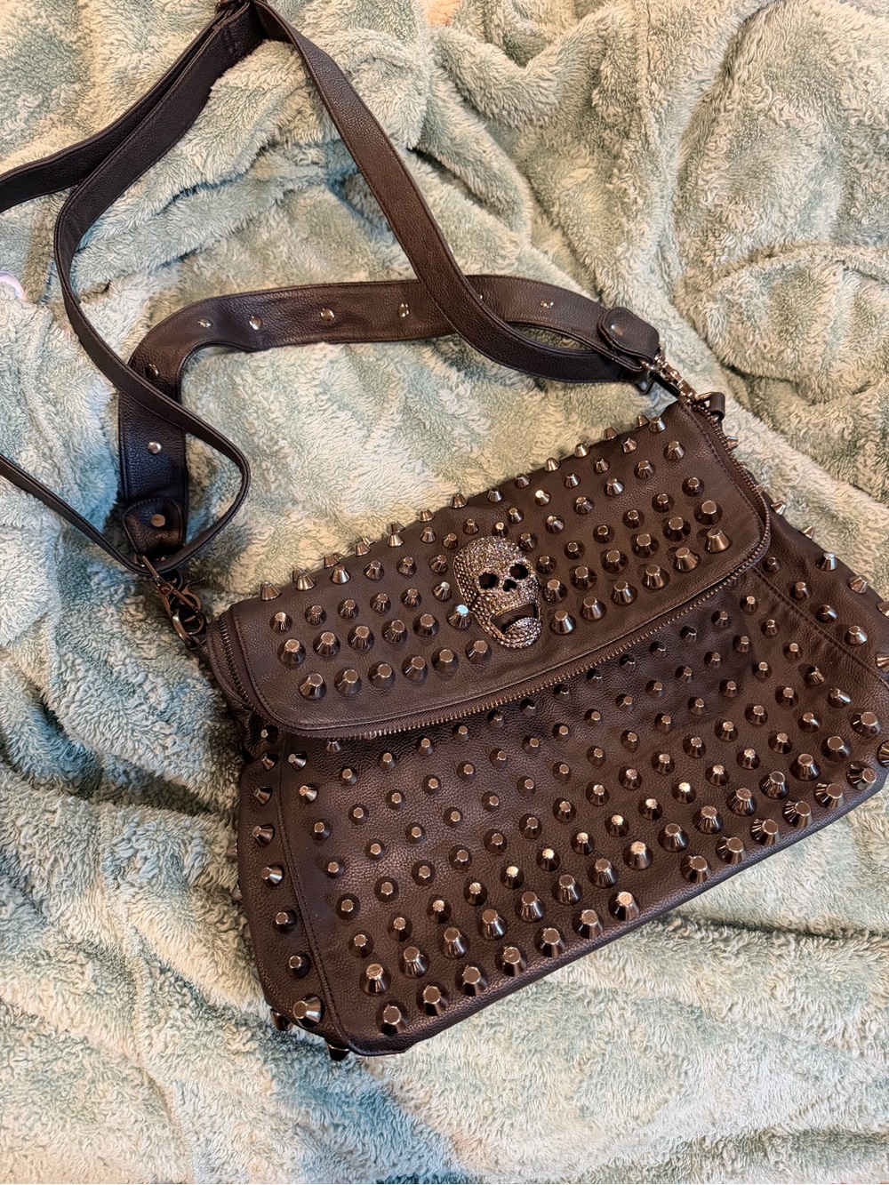 Studded Skull Crossbody Bag in Black width 15 height 9 depth 6